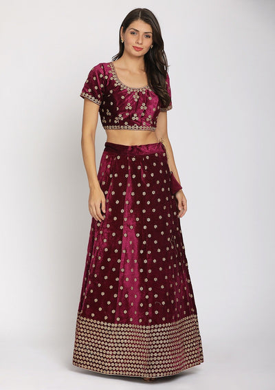 Wine Zariwork Velvet Designer Semi-Stitched Lehenga - koskii