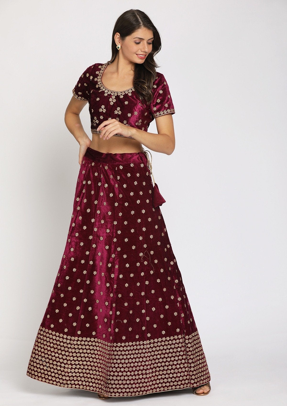 Wine Zariwork Velvet Designer Semi-Stitched Lehenga - koskii
