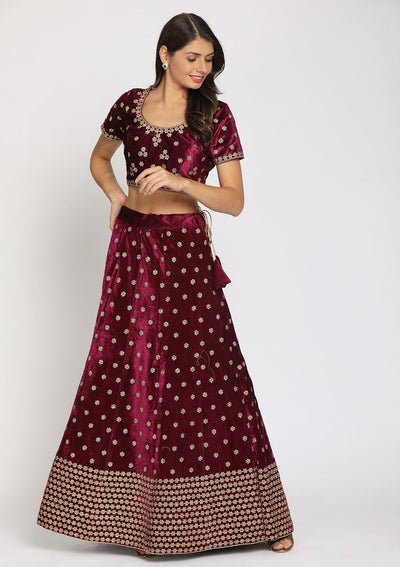 Wine Zariwork Velvet Designer Semi-Stitched Lehenga - koskii