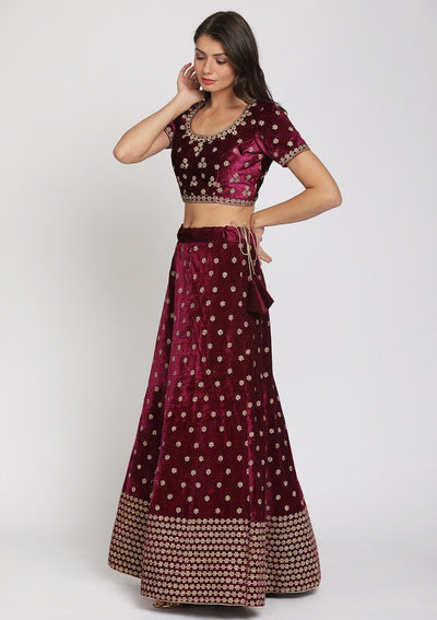 Wine Zariwork Velvet Designer Semi-Stitched Lehenga - koskii