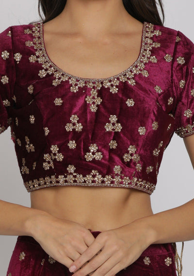 Wine Zariwork Velvet Designer Semi-Stitched Lehenga - koskii