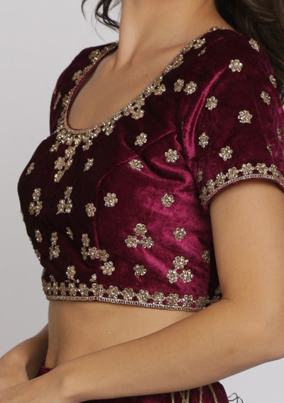 Wine Zariwork Velvet Designer Semi-Stitched Lehenga - koskii