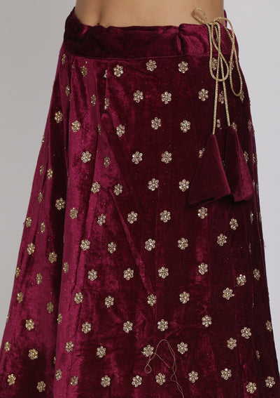 Wine Zariwork Velvet Designer Semi-Stitched Lehenga - koskii