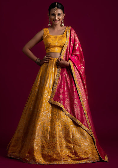 Yellow Gotapatti Banarasi Designer Semi-Stitched Lehenga - koskii