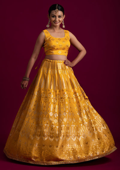 Yellow Gotapatti Banarasi Designer Semi-Stitched Lehenga - koskii