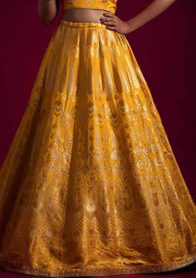 Yellow Gotapatti Banarasi Designer Semi-Stitched Lehenga - koskii