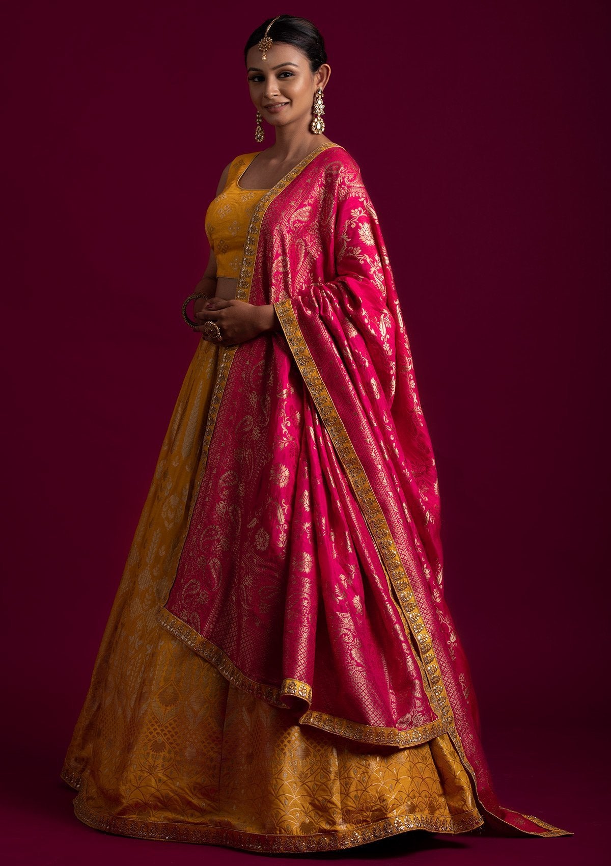 Yellow Gotapatti Banarasi Designer Semi-Stitched Lehenga - koskii