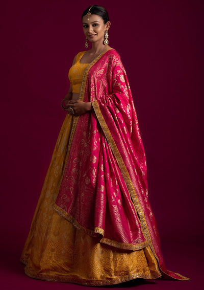 Yellow Gotapatti Banarasi Designer Semi-Stitched Lehenga - koskii