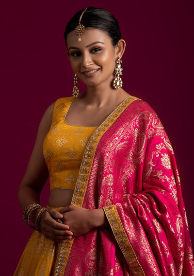 Yellow Gotapatti Banarasi Designer Semi-Stitched Lehenga - koskii