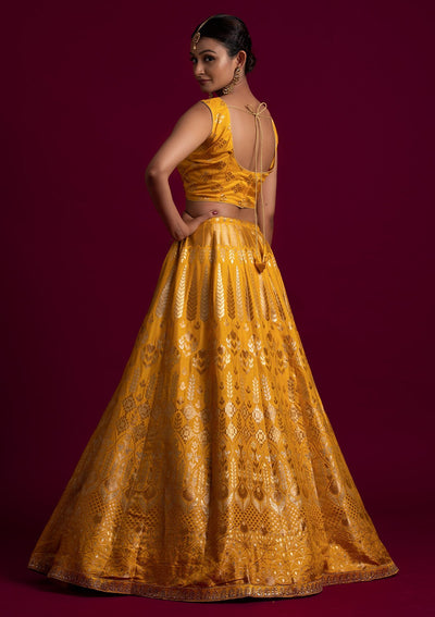 Yellow Gotapatti Banarasi Designer Semi-Stitched Lehenga - koskii