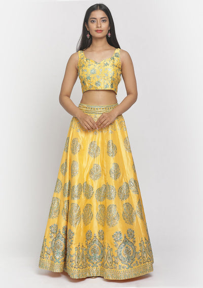 Yellow Sequins Art Silk Designer Semi-Stitched Lehenga - koskii