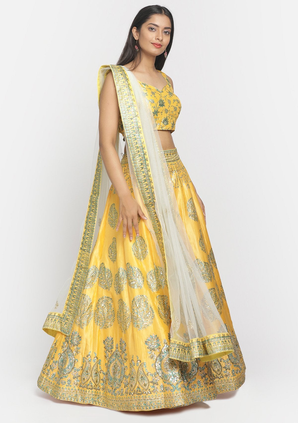 Yellow Sequins Art Silk Designer Semi-Stitched Lehenga - koskii