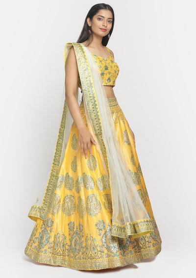 Yellow Sequins Art Silk Designer Semi-Stitched Lehenga - koskii