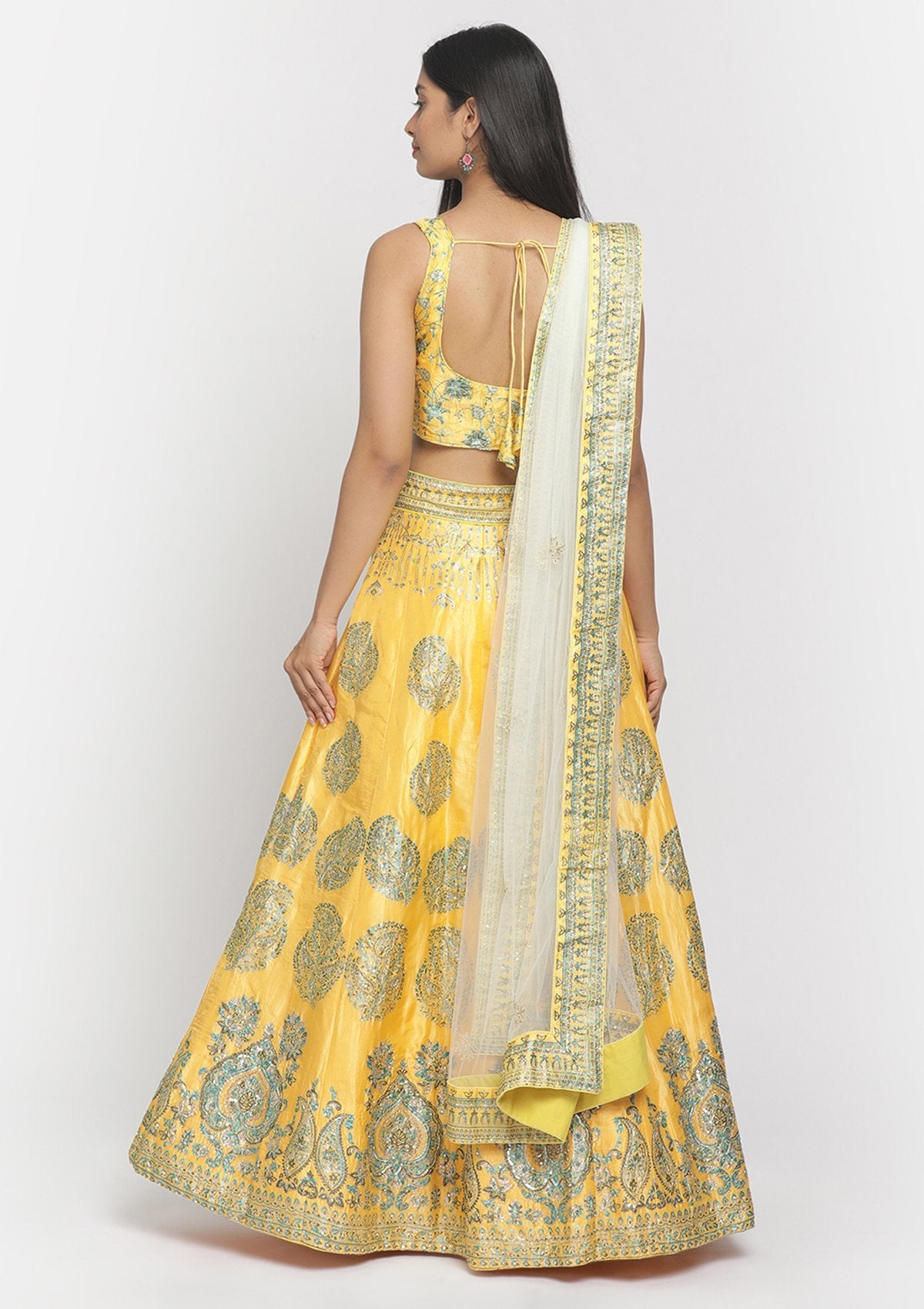 Yellow Sequins Art Silk Designer Semi-Stitched Lehenga - koskii