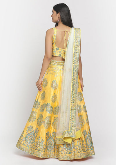 Yellow Sequins Art Silk Designer Semi-Stitched Lehenga - koskii