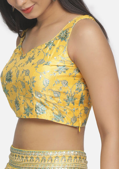 Yellow Sequins Art Silk Designer Semi-Stitched Lehenga - koskii