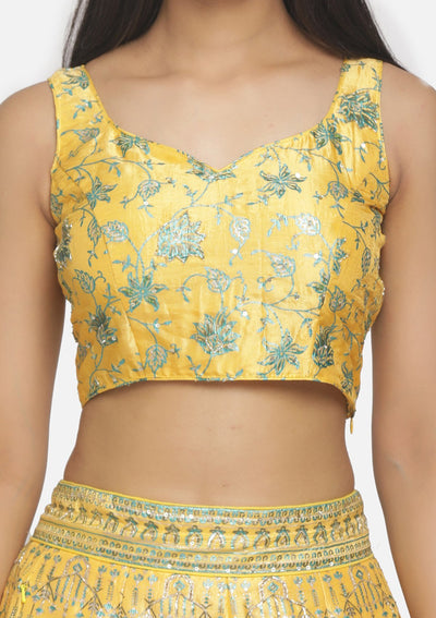 Yellow Sequins Art Silk Designer Semi-Stitched Lehenga - koskii