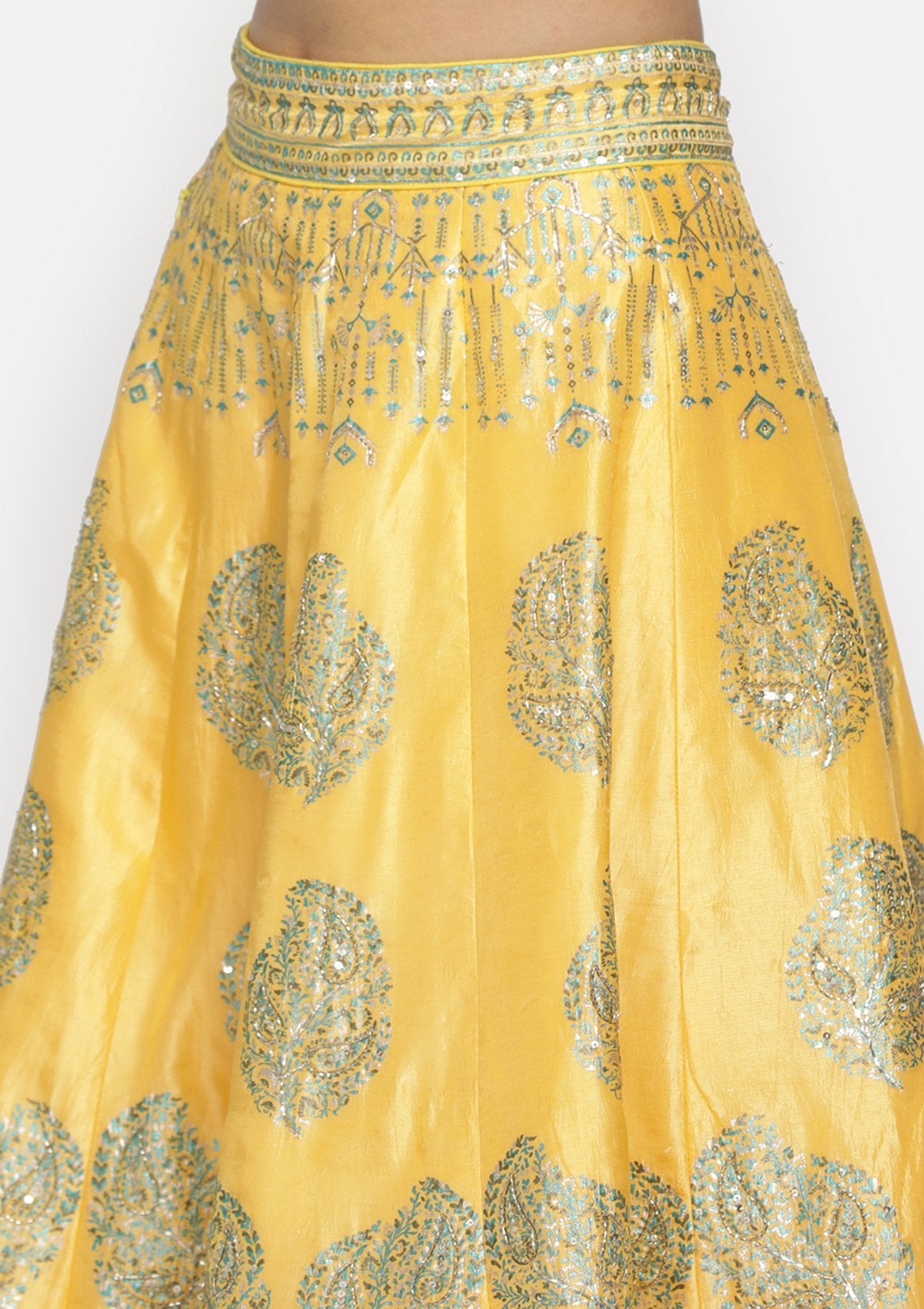 Yellow Sequins Art Silk Designer Semi-Stitched Lehenga - koskii