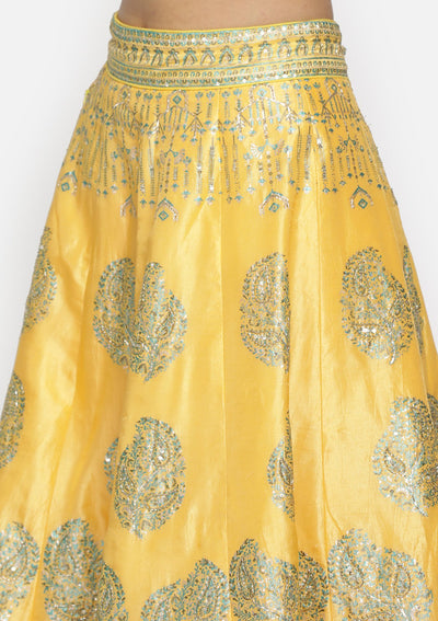 Yellow Sequins Art Silk Designer Semi-Stitched Lehenga - koskii