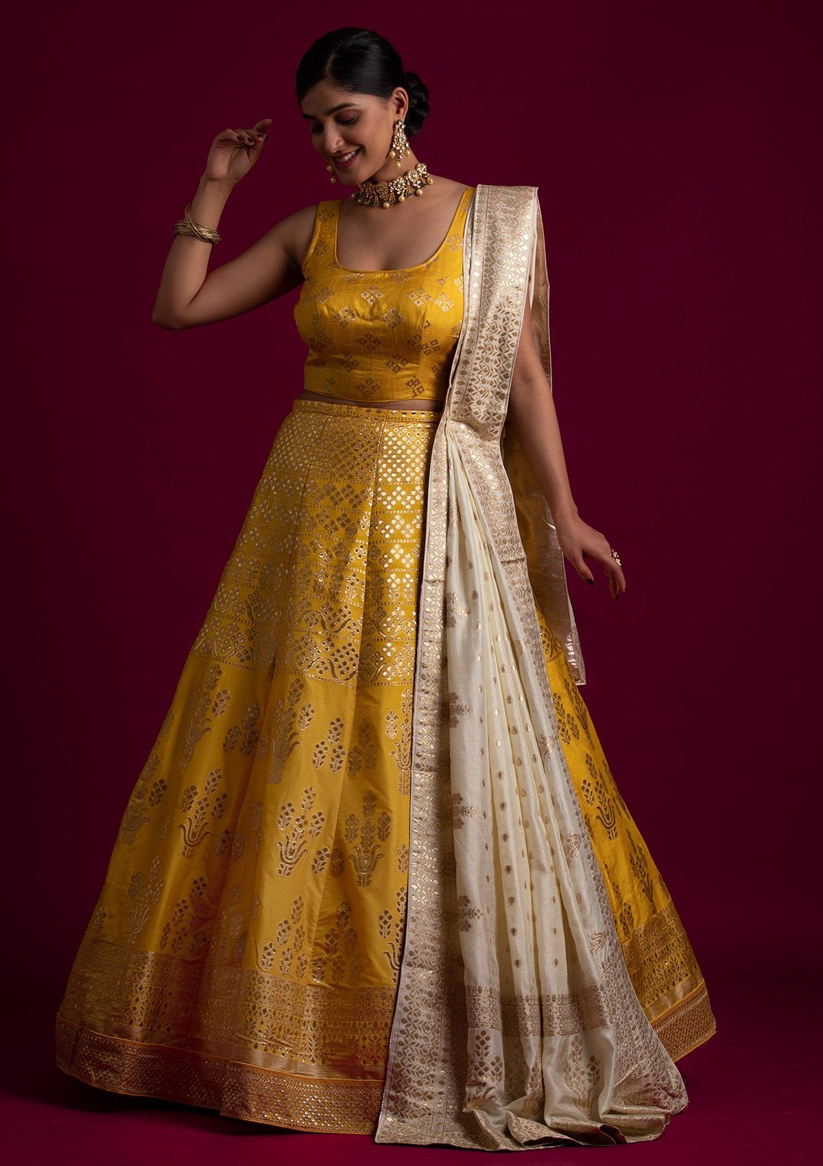 Yellow Sequins Banarasi Designer Semi-Stitched Lehenga - koskii
