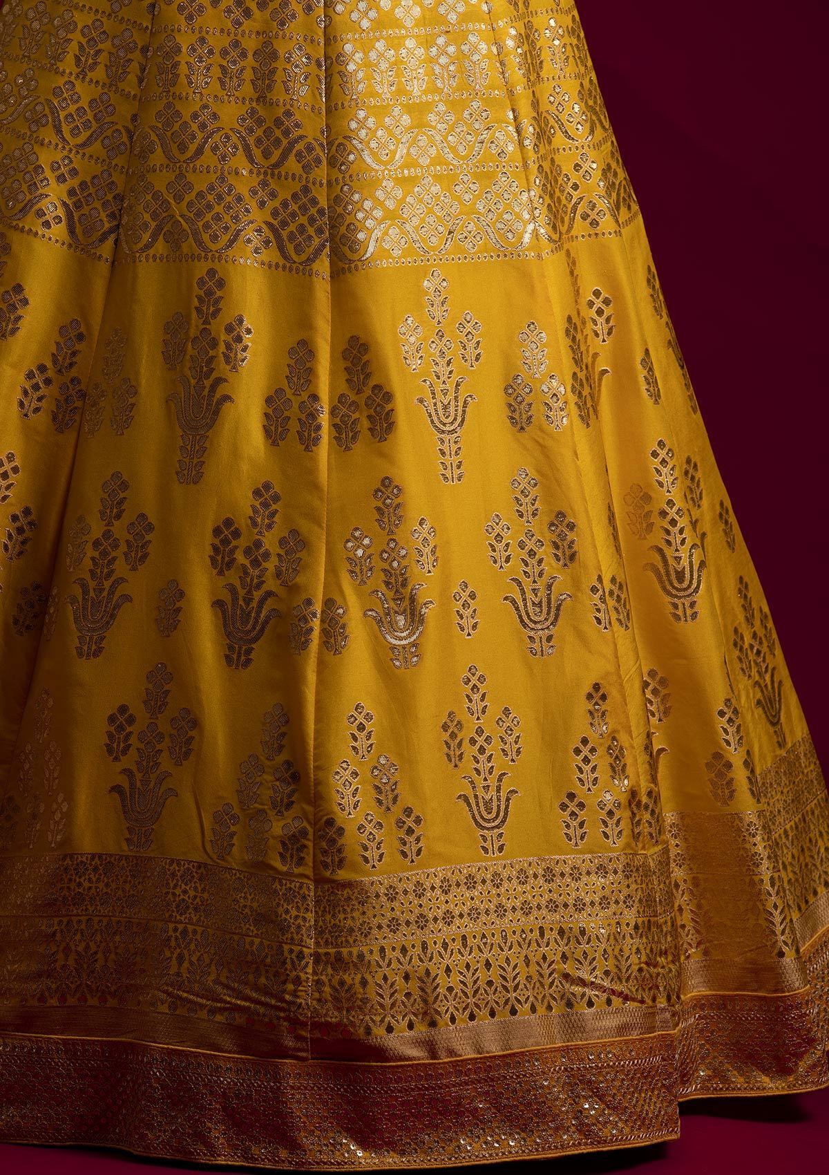 Yellow Sequins Banarasi Designer Semi-Stitched Lehenga - koskii