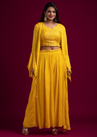 Yellow Sequins Semi Crepe Designer Salwar Suit - koskii