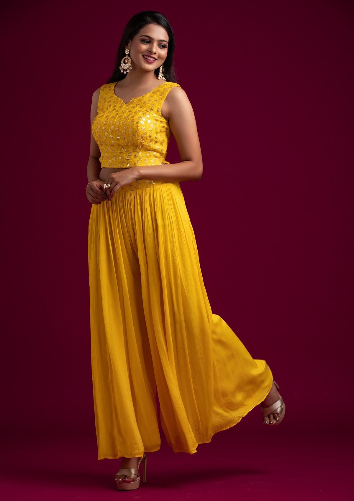 Yellow Sequins Semi Crepe Designer Salwar Suit - koskii