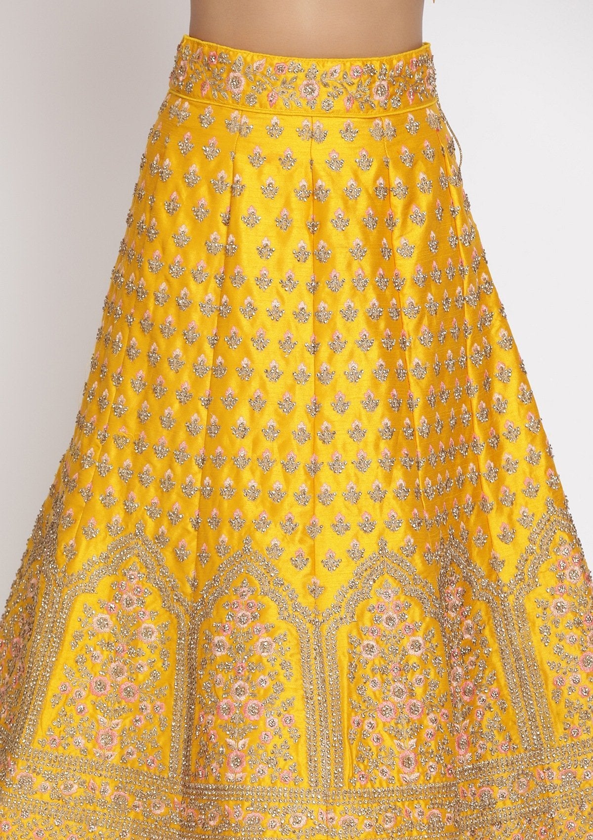 Yellow Stonework Raw Silk Designer Semi-Stitched Lehenga - koskii