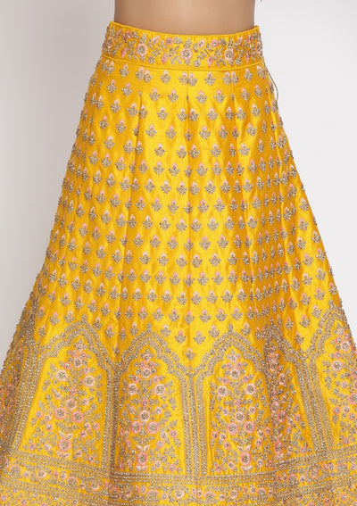 Yellow Stonework Raw Silk Designer Semi-Stitched Lehenga - koskii