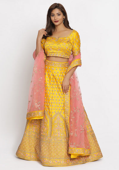 Yellow Stonework Raw Silk Designer Semi-Stitched Lehenga - koskii