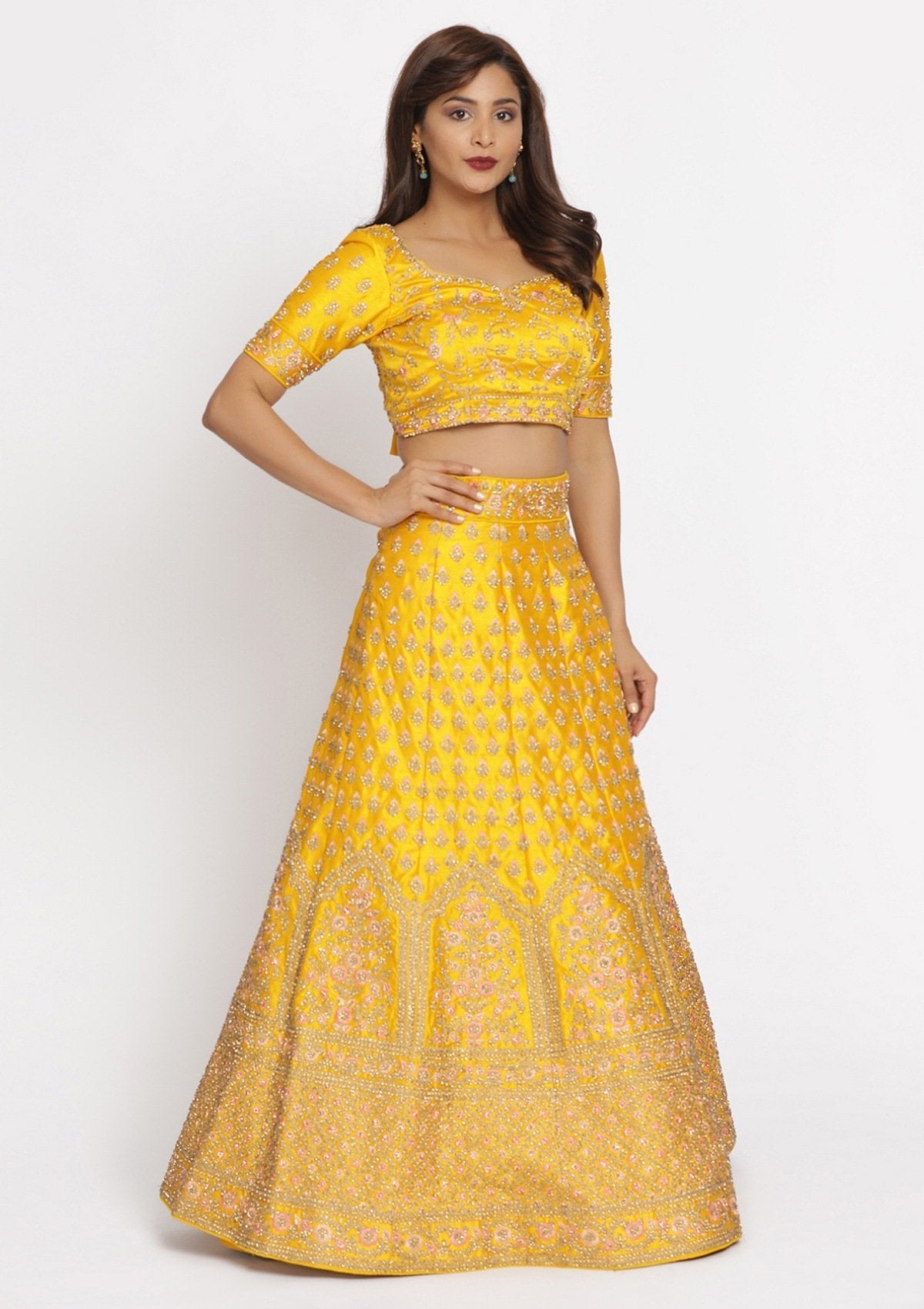 Yellow Stonework Raw Silk Designer Semi-Stitched Lehenga - koskii