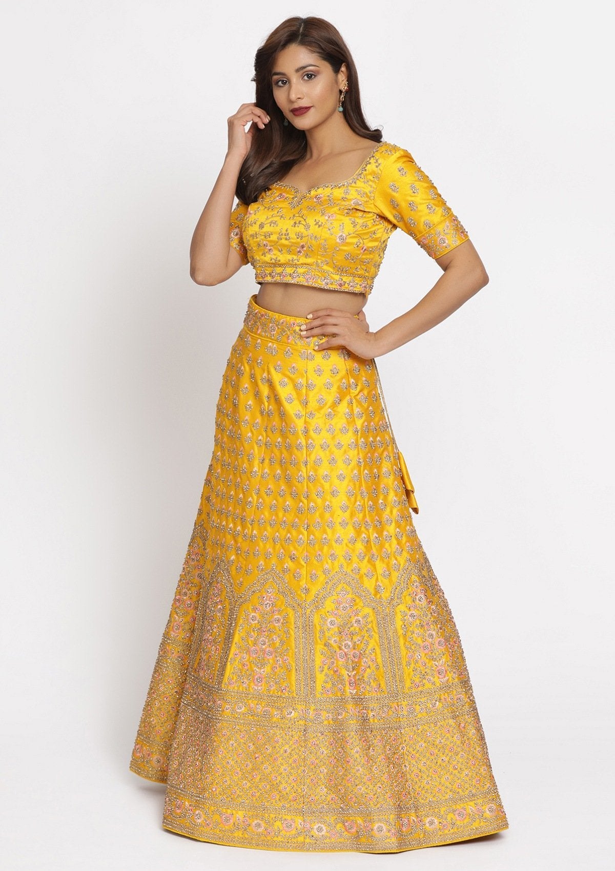 Yellow Stonework Raw Silk Designer Semi-Stitched Lehenga - koskii