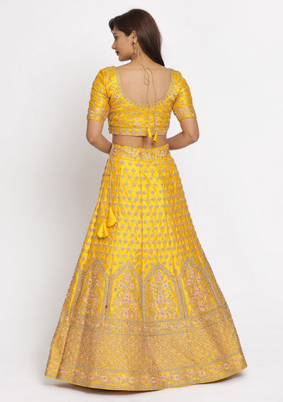 Yellow Stonework Raw Silk Designer Semi-Stitched Lehenga - koskii