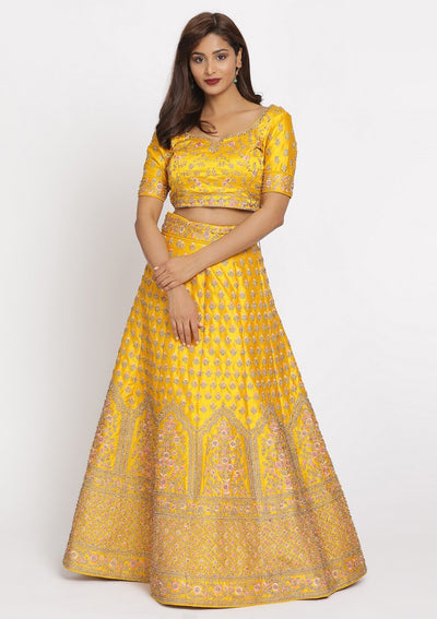 Yellow Stonework Raw Silk Designer Semi-Stitched Lehenga - koskii