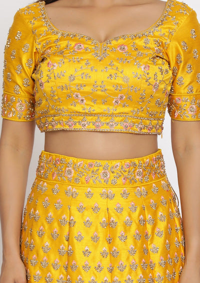 Yellow Stonework Raw Silk Designer Semi-Stitched Lehenga - koskii