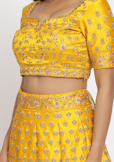 Yellow Stonework Raw Silk Designer Semi-Stitched Lehenga - koskii