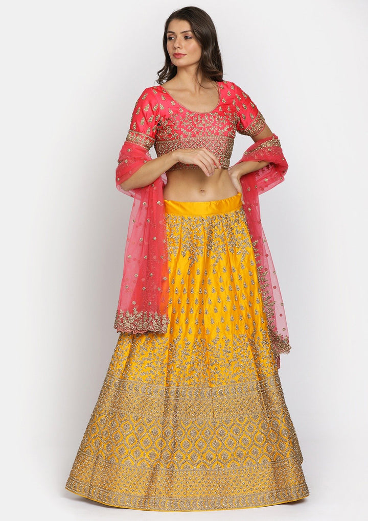 Yellow Stonework Satin Designer Semi-Stitched Lehenga - koskii