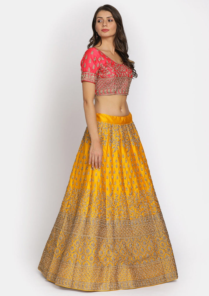 Yellow Stonework Satin Designer Semi-Stitched Lehenga - koskii