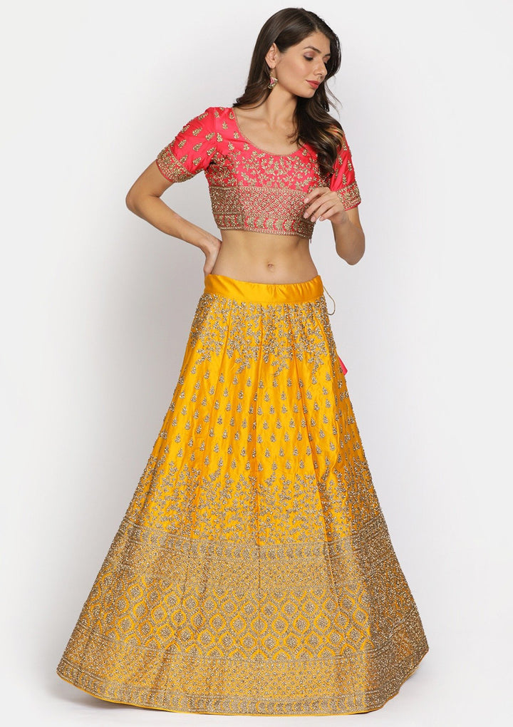 Yellow Stonework Satin Designer Semi-Stitched Lehenga - koskii