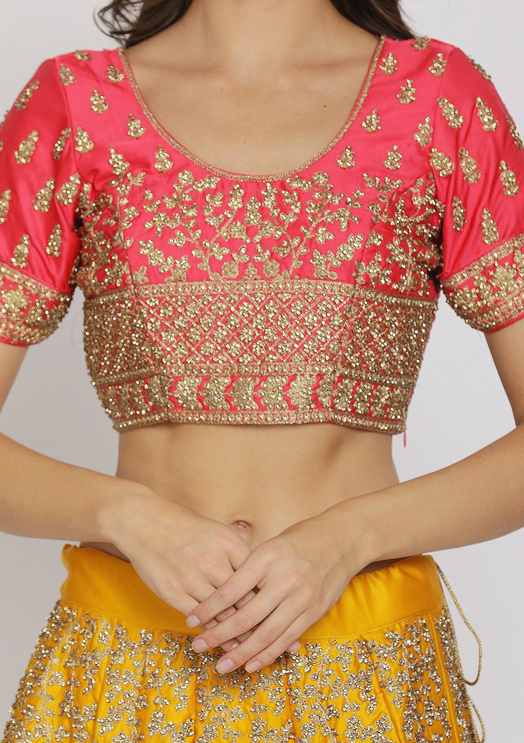 Yellow Stonework Satin Designer Semi-Stitched Lehenga - koskii
