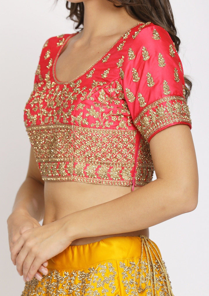 Yellow Stonework Satin Designer Semi-Stitched Lehenga - koskii