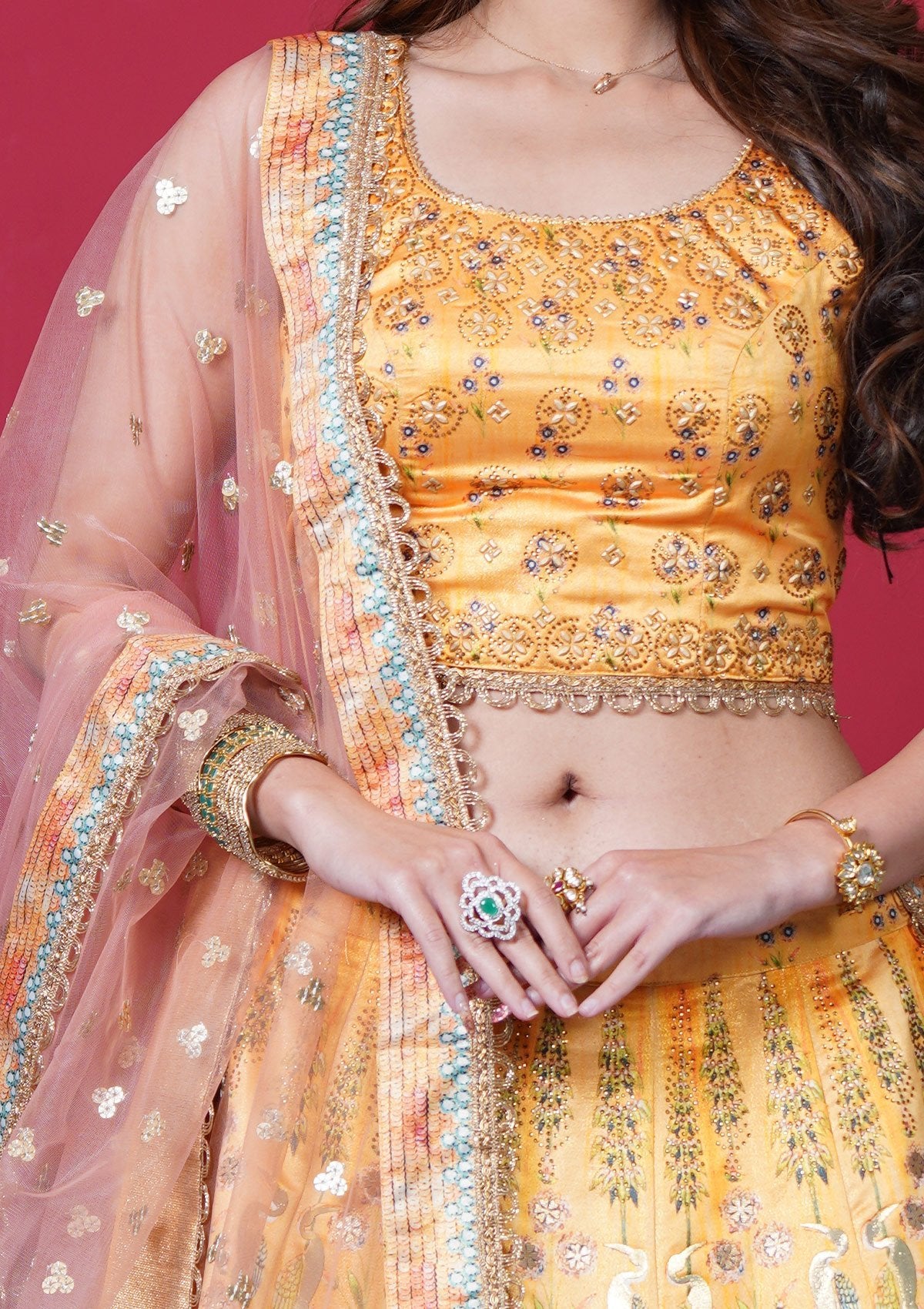 Yellow Swarovski Shimmer Designer Lehenga - koskii