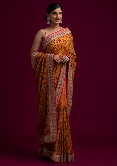 Yellow Threadwork Georgette Designer Saree - koskii