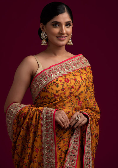 Yellow Threadwork Georgette Designer Saree - koskii