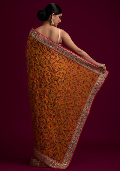 Yellow Threadwork Georgette Designer Saree - koskii
