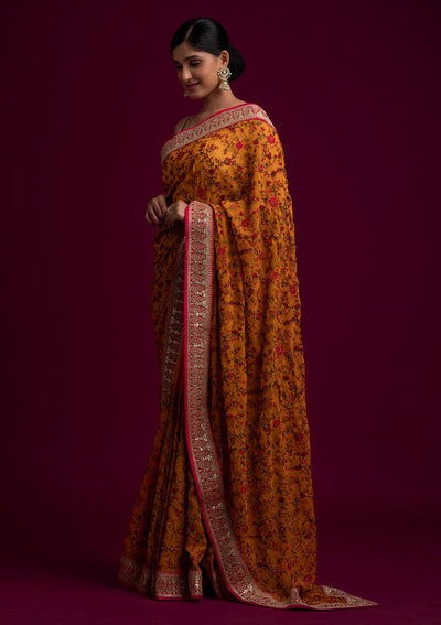 Yellow Threadwork Georgette Designer Saree - koskii