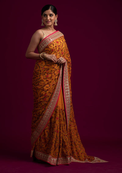 Yellow Threadwork Georgette Designer Saree - koskii