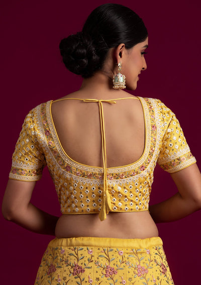 Yellow Threadwork Raw Silk Designer Lehenga - koskii