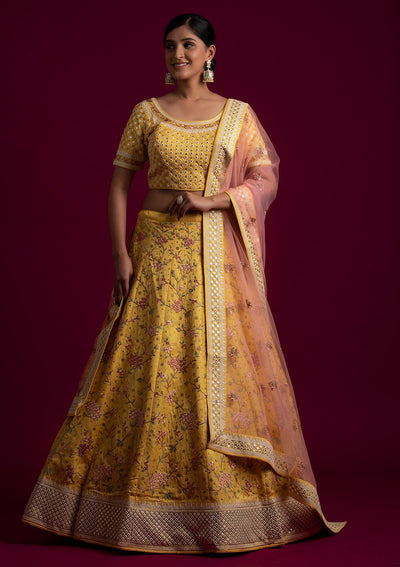 Yellow Threadwork Raw Silk Designer Lehenga - koskii