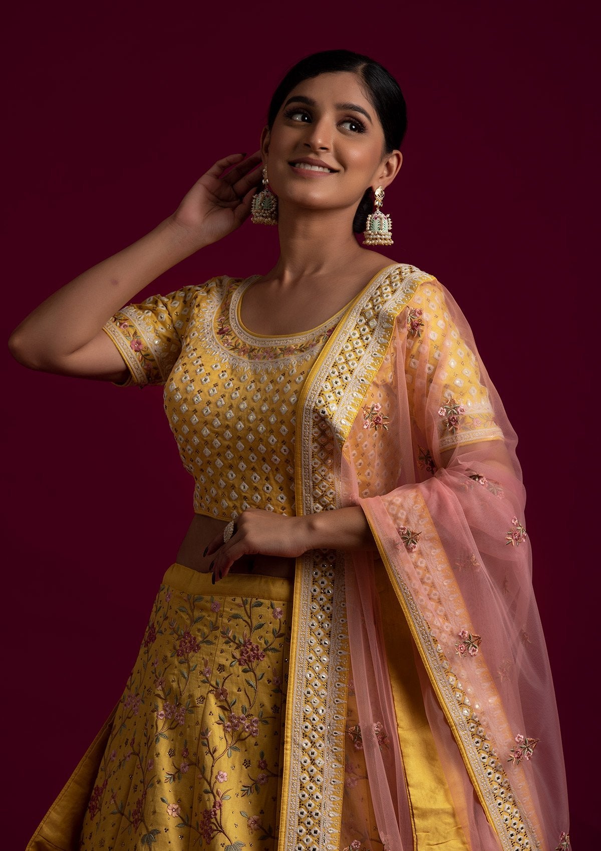 Yellow Threadwork Raw Silk Designer Lehenga - koskii